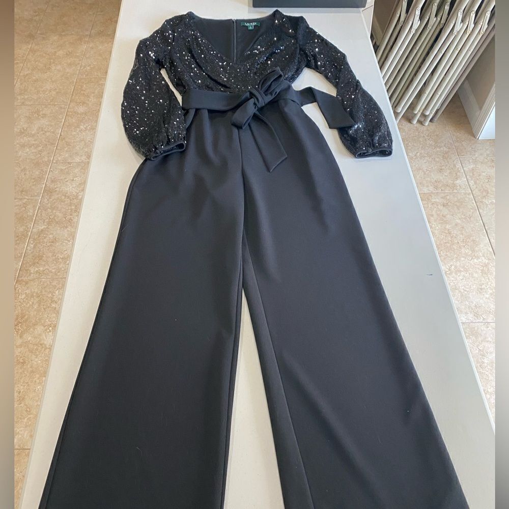 RALPH LAUREN Womens Black Belted Long Sleeve V Neck Jumpsuit - Picture 2 of 6